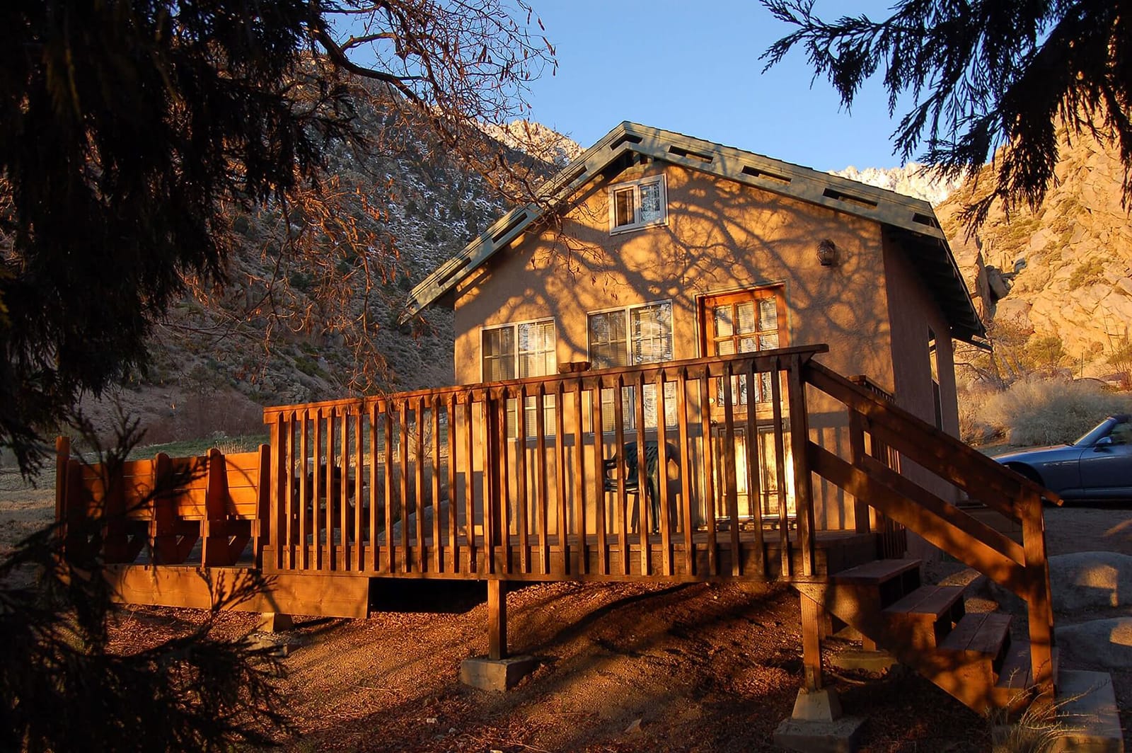 cabin near mount whitne shown during golden sunrise